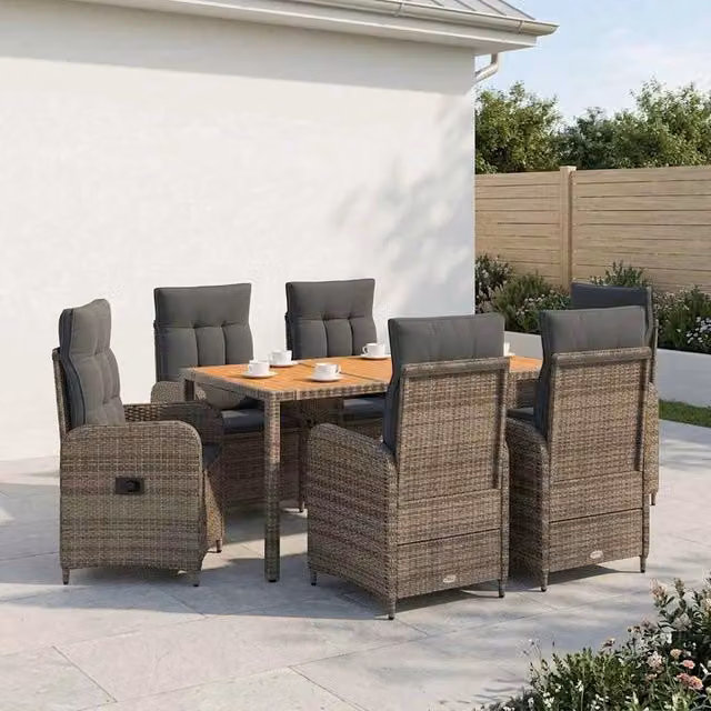 Set da pranzo per esterni vidaXL in polyrattan e legno di acacia, 7 pezzi, grigio, design moderno per giardino, balcone o terrazza