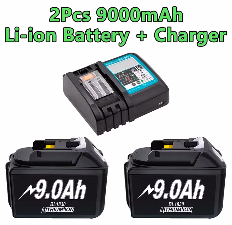 Batteria da 18V - Batteria di ricambio BL1830, BL1840, BL1850, BL1860 - 2 batterie da 9000mAh agli ioni di litio - Alta capacità - Caricabatterie a singolo vano da 4A incluso