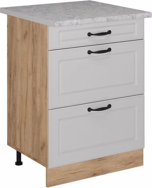 Mobiletto base per cucina R-Line Bianco rustico/Rovere dorato 60 cm con cassetti, marmo AP Vicco