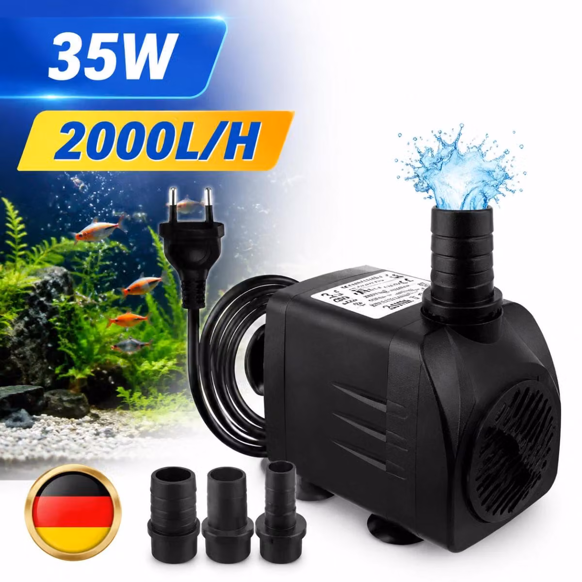 Pompa sommergibile da 35W, portata 2000 L/H, pompa filtro, pompa per l'acqua, con 3 ugelli, estremamente silenziosa, ideale per l'uso in giardino
