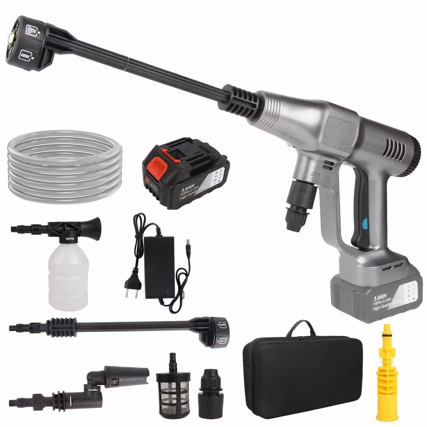 Idropulitrice - 200 bar - 18V - con batteria - Portatile - Ugello multifunzione 6-in-1 - Tubo da 5 metri - Ideale per il lavaggio auto e il giardinaggio