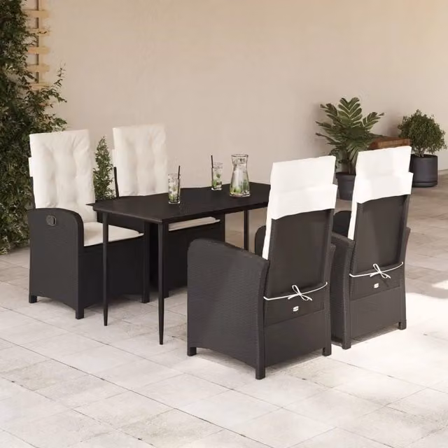 Set da Pranzo da Giardino 5 pz Nero con Cuscini in Polyrattan