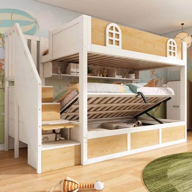 Letto a castello 90x200 cm per bambini con scala contenitore e vano sollevabile; MDF bianco e naturale