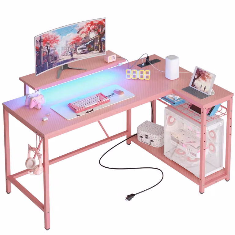 Scrivania angolare da gioco Bestier a forma di L 132 cm - con LED, prese, 2 ripiani e ganci - Scrivania reversibile per piccolo ufficio, rosa