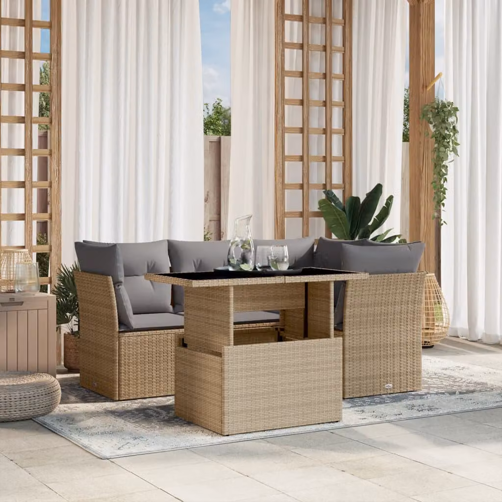 vidaXL Set Divano da Giardino a L con Tavolino e Cuscini Beige e Grigio in Polyrattan e Acciaio – 1