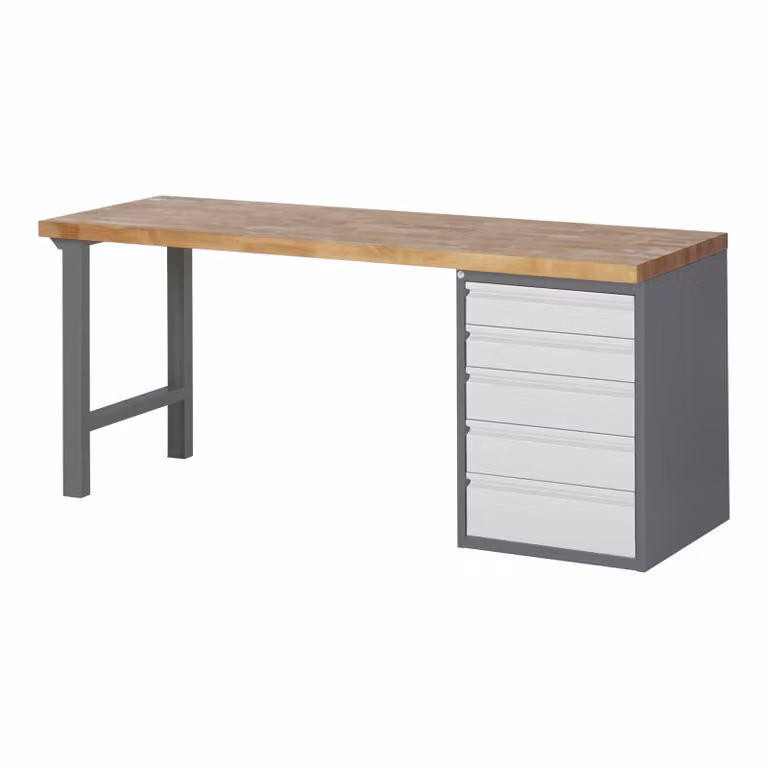 Banco da lavoro STIER Premium, 5 cassetti, 200x70x89 cm, design robusto in acciaio verniciato a polvere e faggio, ideale per lavori di officina complessi e versatili