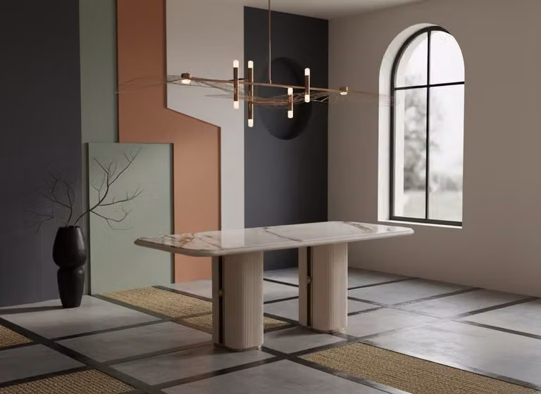 Tavolo da pranzo moderno legno beige, design con doppie gambe a colonna