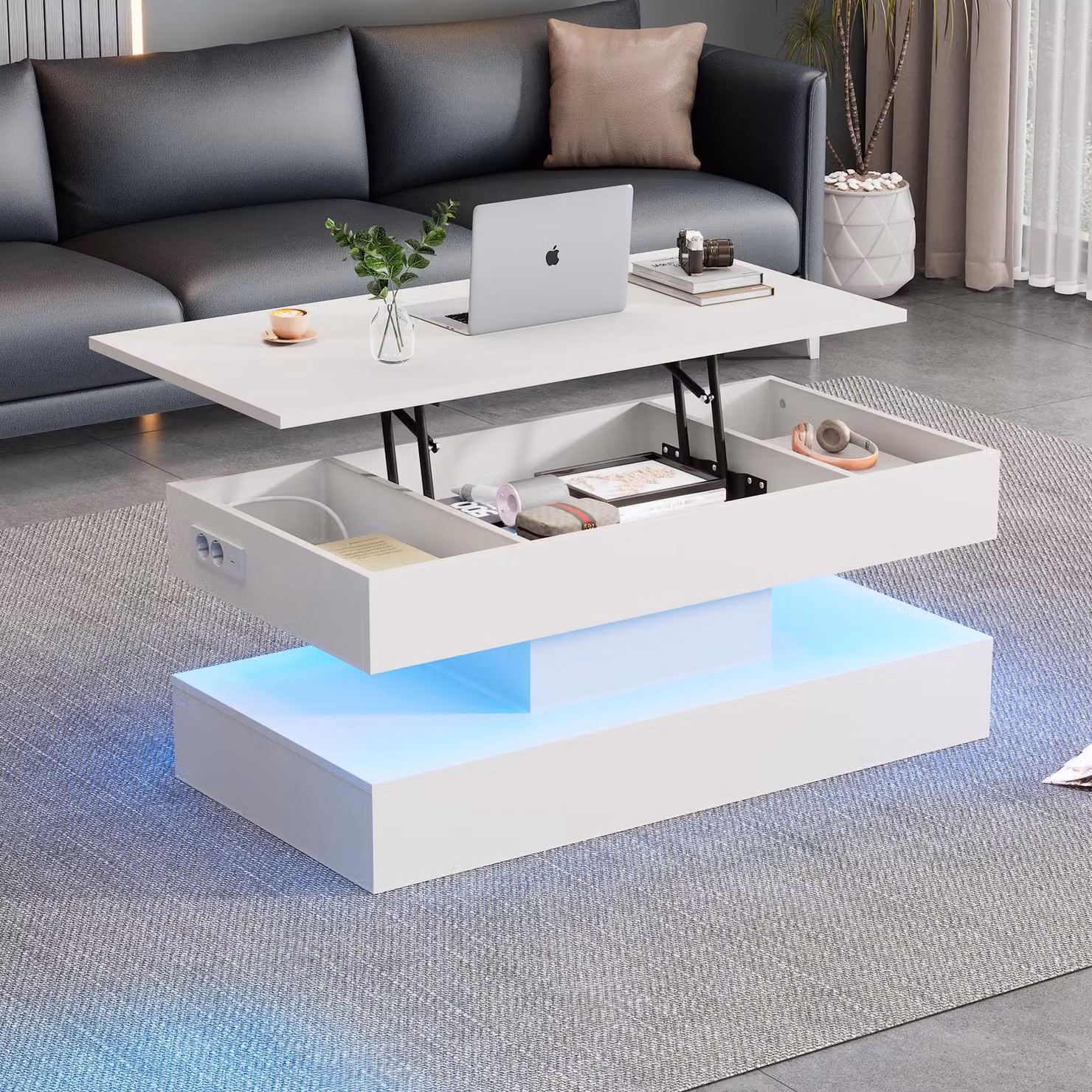 Tavolino Merax regolabile in altezza con LED, vano portaoggetti nascosto e presa UE, controllabile tramite app, 100x50x42 cm, bianco