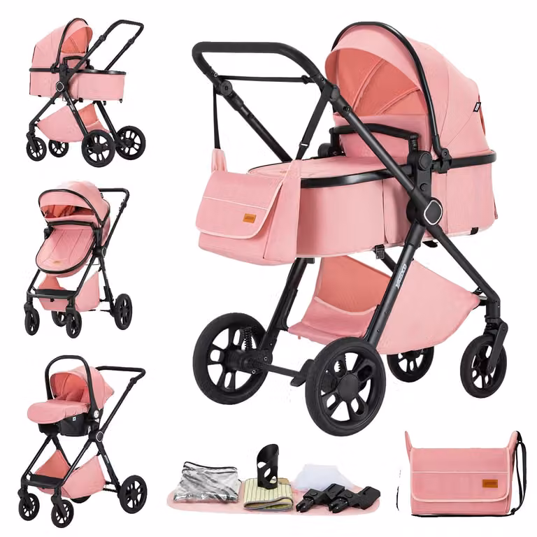 Carrozzina trasformabile 3 in 1, design leggero, colore rosa