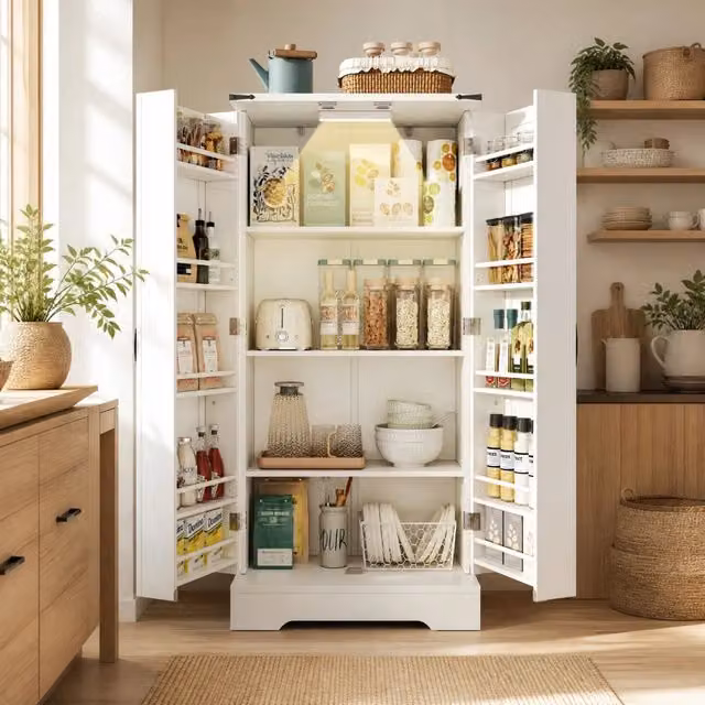 Credenza moderna Mivray bianca con illuminazione integrata e ripiani interni in MDF L 60 x P 35 x H 128.5 cm