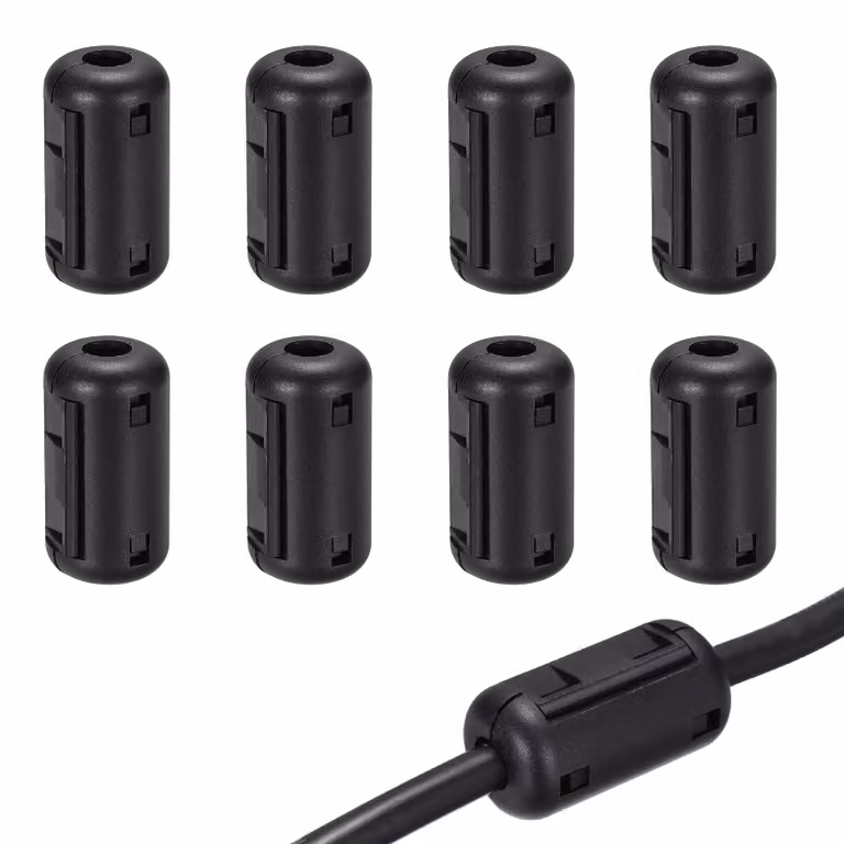 Set di 8 anelli ferromagnetici con clip, diametro 7 mm, filtro EMI/RFI, colore nero