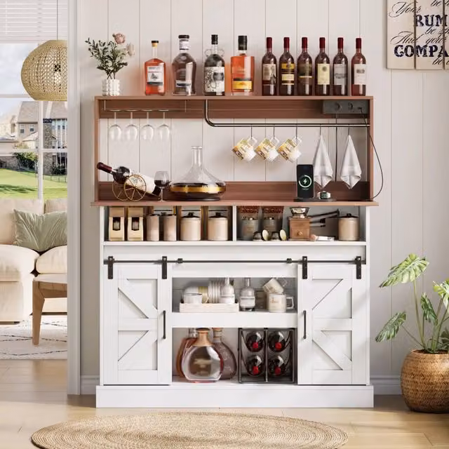 Desviae Credenza con ante scorrevoli prese e ganci per bicchieri in MDF bianco naturale per cucina 120 × 40 × 130 cm