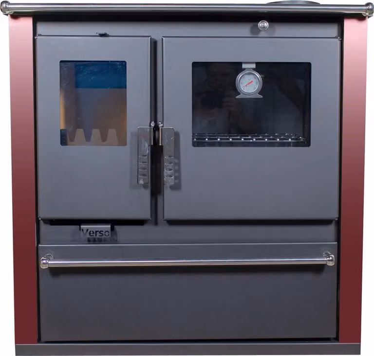 Cucina a legna Verso CS Plus Inox Bordo – 7,7 kW, con forno, piano cottura e vano legna – Classe A+