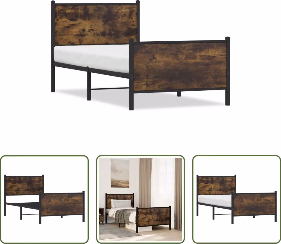 The Living Store Struttura letto con testiera e pediera in metallo rovere fumé 90x190 cm