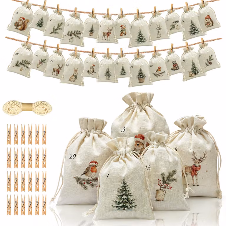 Calendario dell'Avvento da riempire, 24 sacchetti di tessuto bianchi, 20x15 cm
