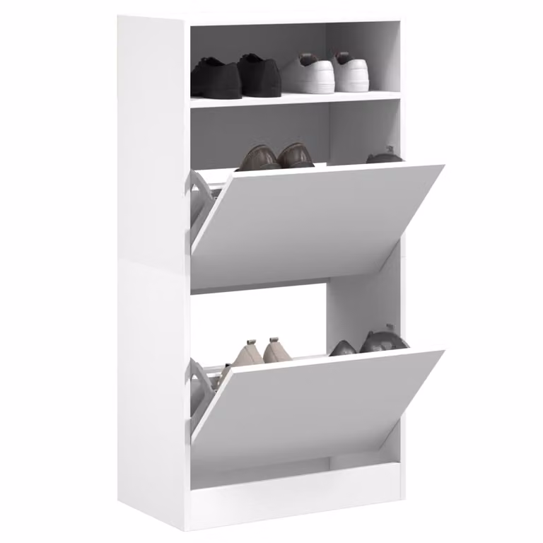Scarpiera moderna vidaXL bianca con ante a ribalta e ripiani interni, sospesa a parete, L: 60 cm, P: 34 cm, H: 116 cm