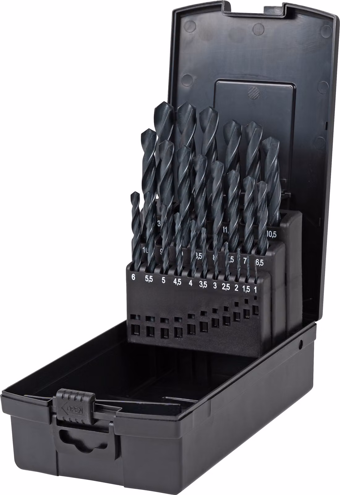 Set di punte elicoidali STIER HSS-R, 25 pezzi, 1 - 13 mm, set di punte per metallo, set di punte in acciaio, set di punte per trapano, rullate, gambo cilindrico, in cassetta, DIN 338