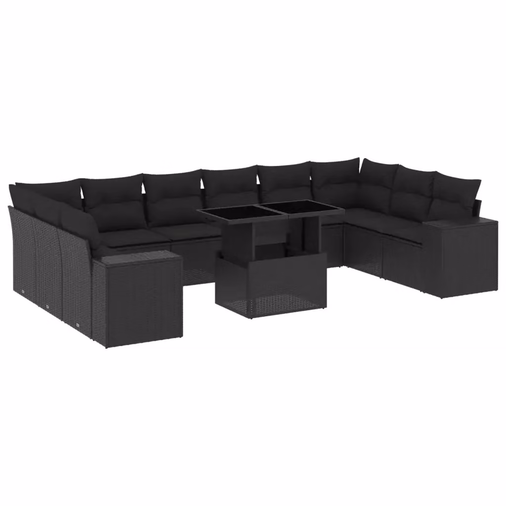 Set di Divani da Giardino vidaXL a Forma di U in Polyrattan Nero con Cuscini e Tavolino da Esterno 11 Pezzi – 2