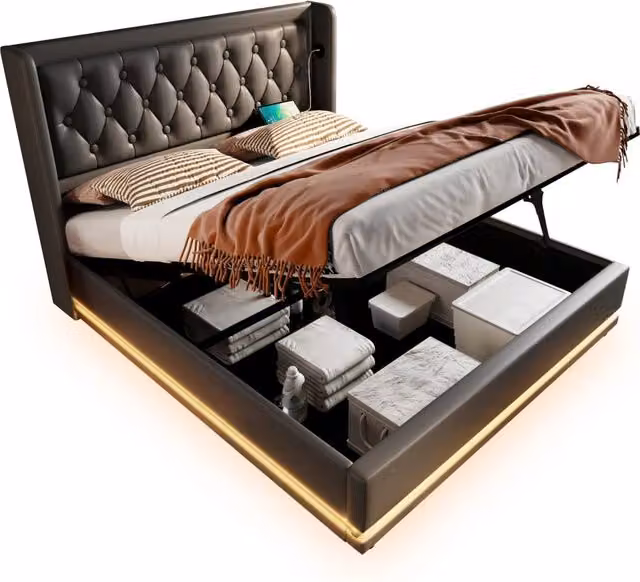 Letto Matrimoniale Contenitore Nero con Luci LED e Porte di Ricarica USB e Type-C L/P: 180 x 200 cm – 1
