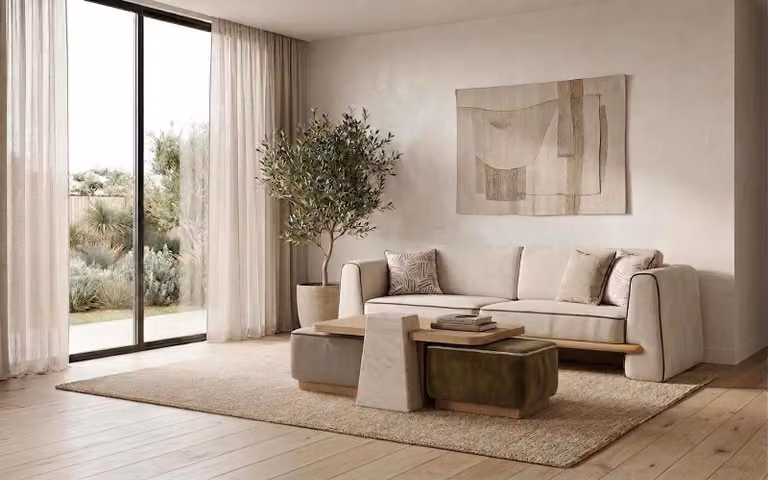 Divano a 3 posti, tavolino, poggiapiedi, stile moderno, colore beige, elegante, lussuoso, set completo