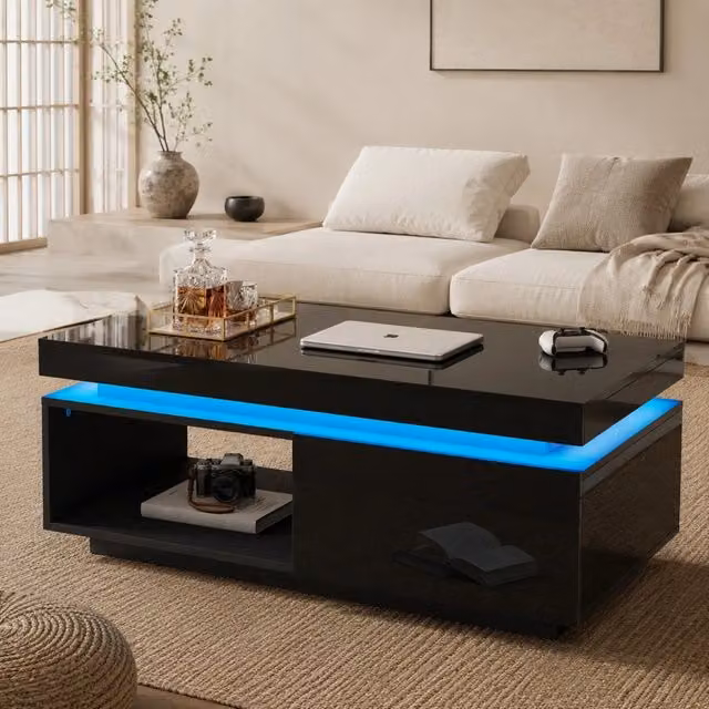 Tavolino da salotto ULEVR 100x50x40,3 cm con LED e cassetto, pannelli lucidi neri, portata 50 kg