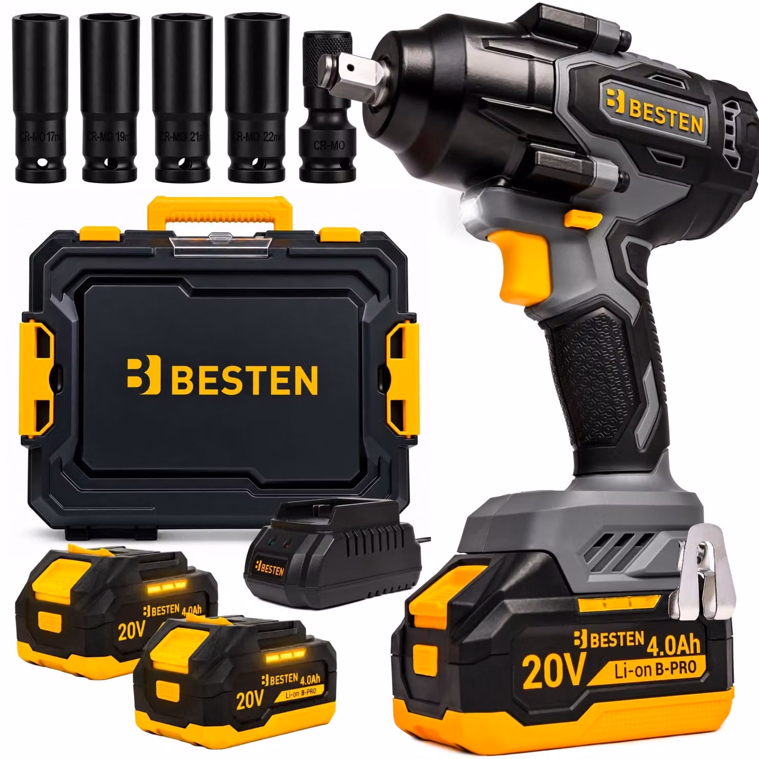 Avvitatore a impulsi a batteria senza spazzole con 2 bussole, potente 800 Nm, per ruote BESTEN BE0002892