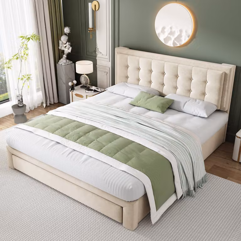 Letto matrimoniale imbottito MODFU 180x200 cm con cassetti 2 in 1, letto a scomparsa idraulico con rete e testiera, velluto (materasso escluso), beige