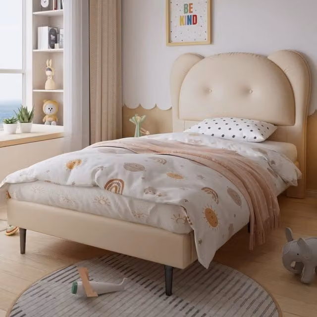 Letto singolo imbottito per bambini con testiera a forma di animale in ecopelle beige L/P: 90 x 200 cm