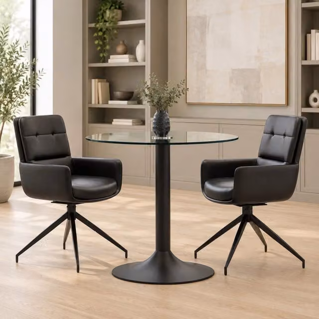 Set tavolo e sedie da pranzo Mivray moderno con tavolo rotondo in vetro trasparente e 2 sedie girevoli in nero, Diametro: 85 cm