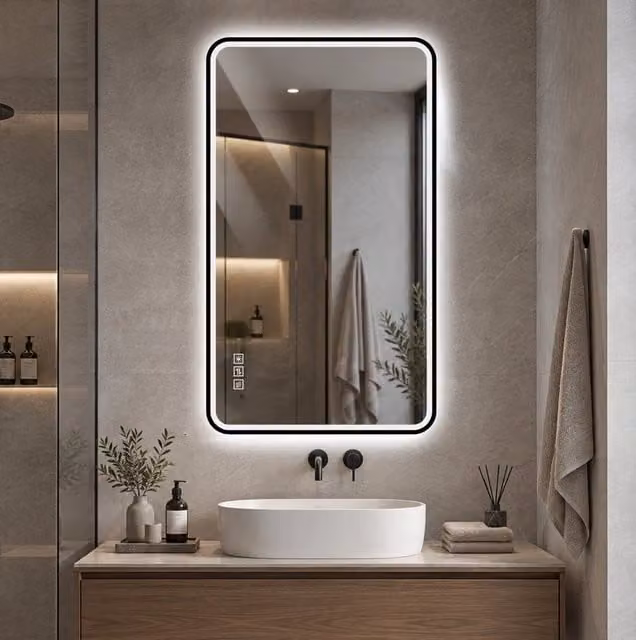 Specchio da bagno LED ULEVR con cornice nera in alluminio, antiappannamento, luce regolabile e 3 tonalit¨¤