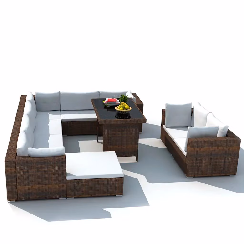 Set di divani da giardino vidaXL in rattan marrone con cuscini bianchi per 10 persone – 2