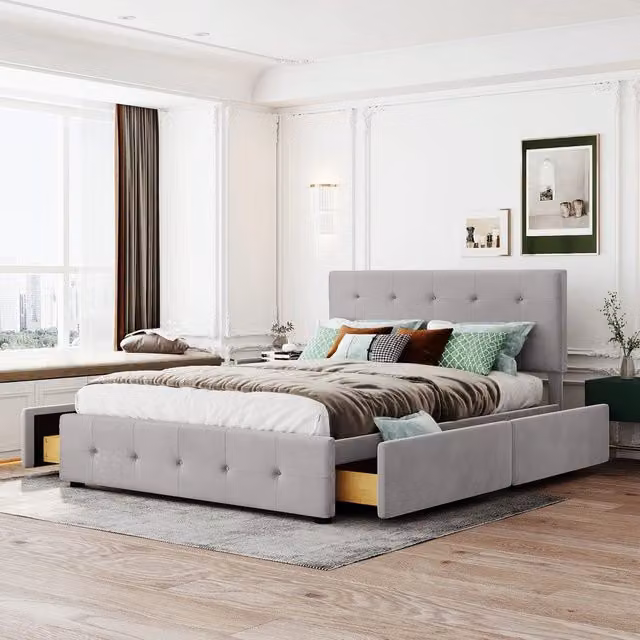 Letto imbottito 140x200 matrimoniale con cassetti ¨C Minimal ¨C Grigio velluto con rete a doghe