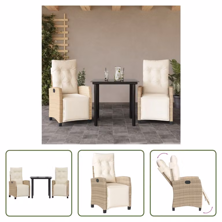 The Living Store Set da pranzo da giardino 3 pezzi con cuscini Beige poly rattan