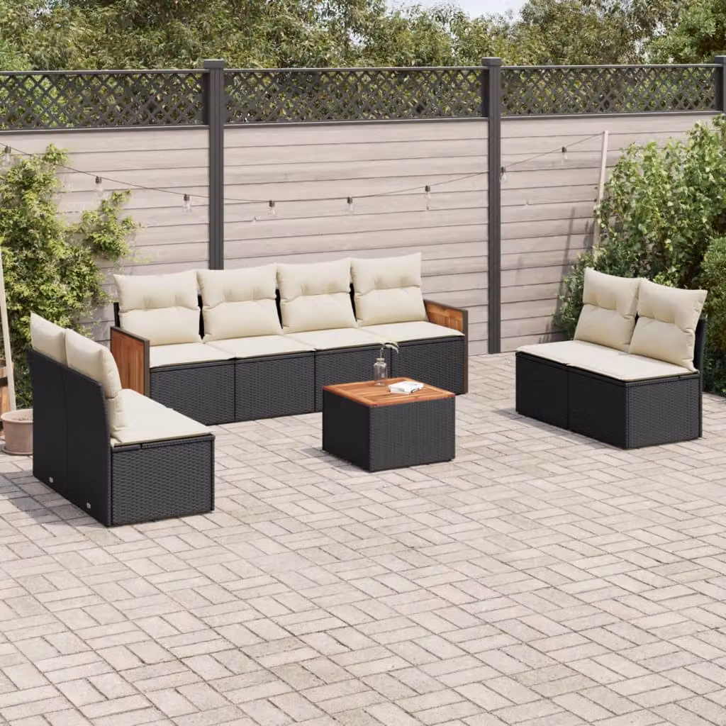 vidaXL Set Divani da Giardino 9 pz in Polyrattan con Cuscini Bianchi e Neri e Tavolino da Caffè – 1