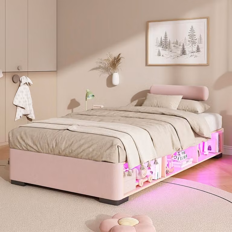 Letto per bambini Merax, modello imbottito, 90x200 cm, con luci LED e ripiano laterale; letto per adolescenti con spazio contenitivo aperto e poggiatesta regolabili, design basso, colore rosa