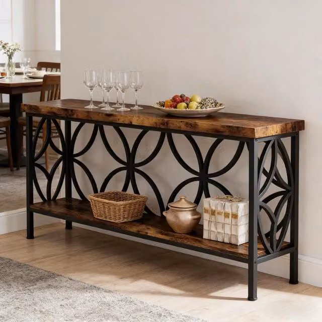 Consolle 160x29.5x80 cm con ripiani aperti in truciolare e acciaio nero e marrone rustico
