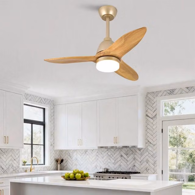 Ventilatore da soffitto moderno da 36 pollici con LED dimmerabile e pale in legno massello; rovere dorato