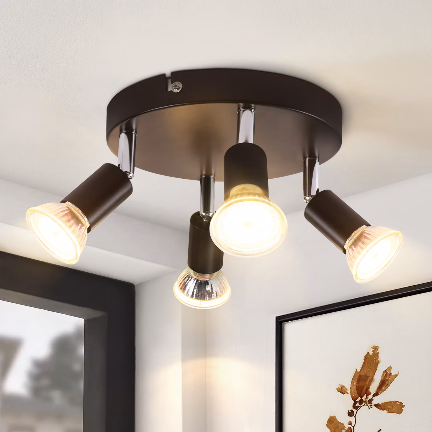 ZMH Faretto da soffitto a 4 fiamme nero Plafoniera moderna GU10 Spot da soffitto Orientabile a 350° Rotante Rotondo Soggiorno Camera da letto Corridoio