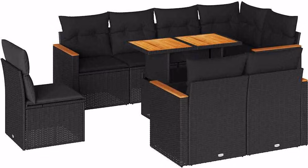 Set Divani da Giardino 9 pz con Cuscini Nero Polyrattan Acacia