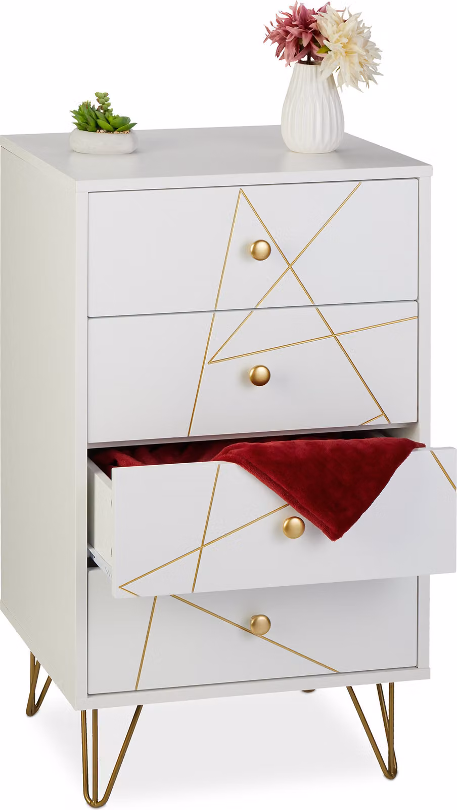 Comodà Relaxdays, L x P x A: 86 x 48 x 39 cm, 4 cassetti, MDF, ferro, soggiorno, camera da letto, corridoio, comodà ausiliaria, bianco/oro