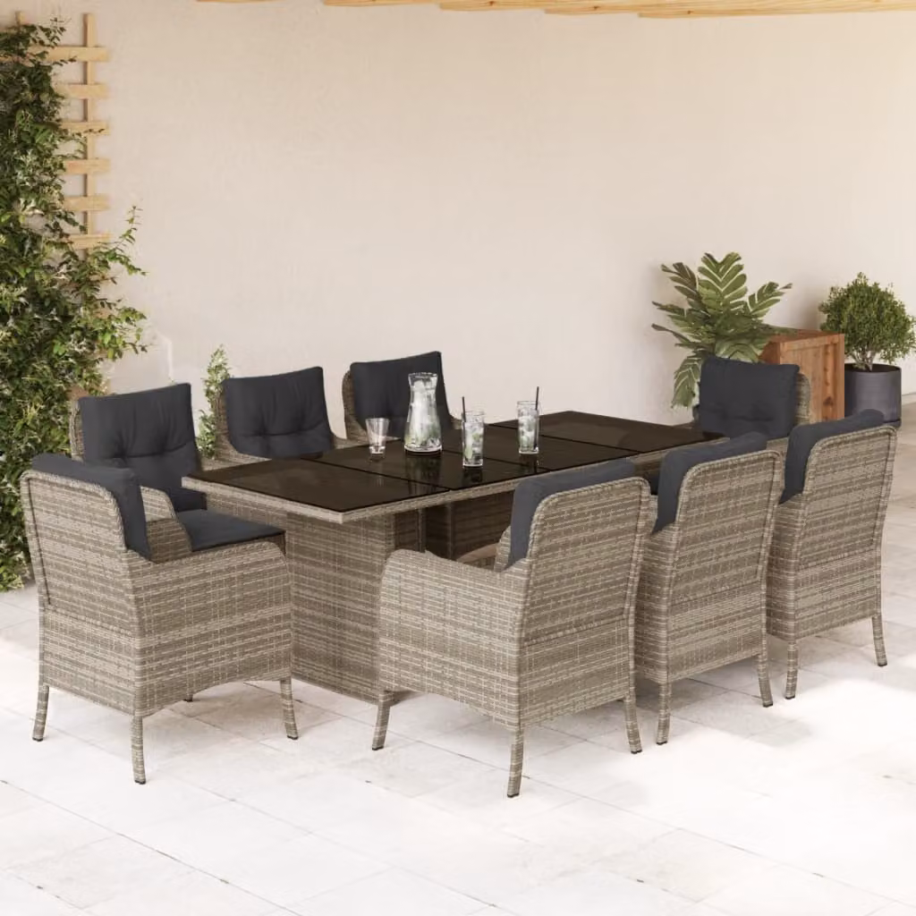 Set Pranzo da Giardino vidaXL in Polyrattan con Cuscini e Piano in Vetro, 9 Pezzi, Grigio Antracite – 1