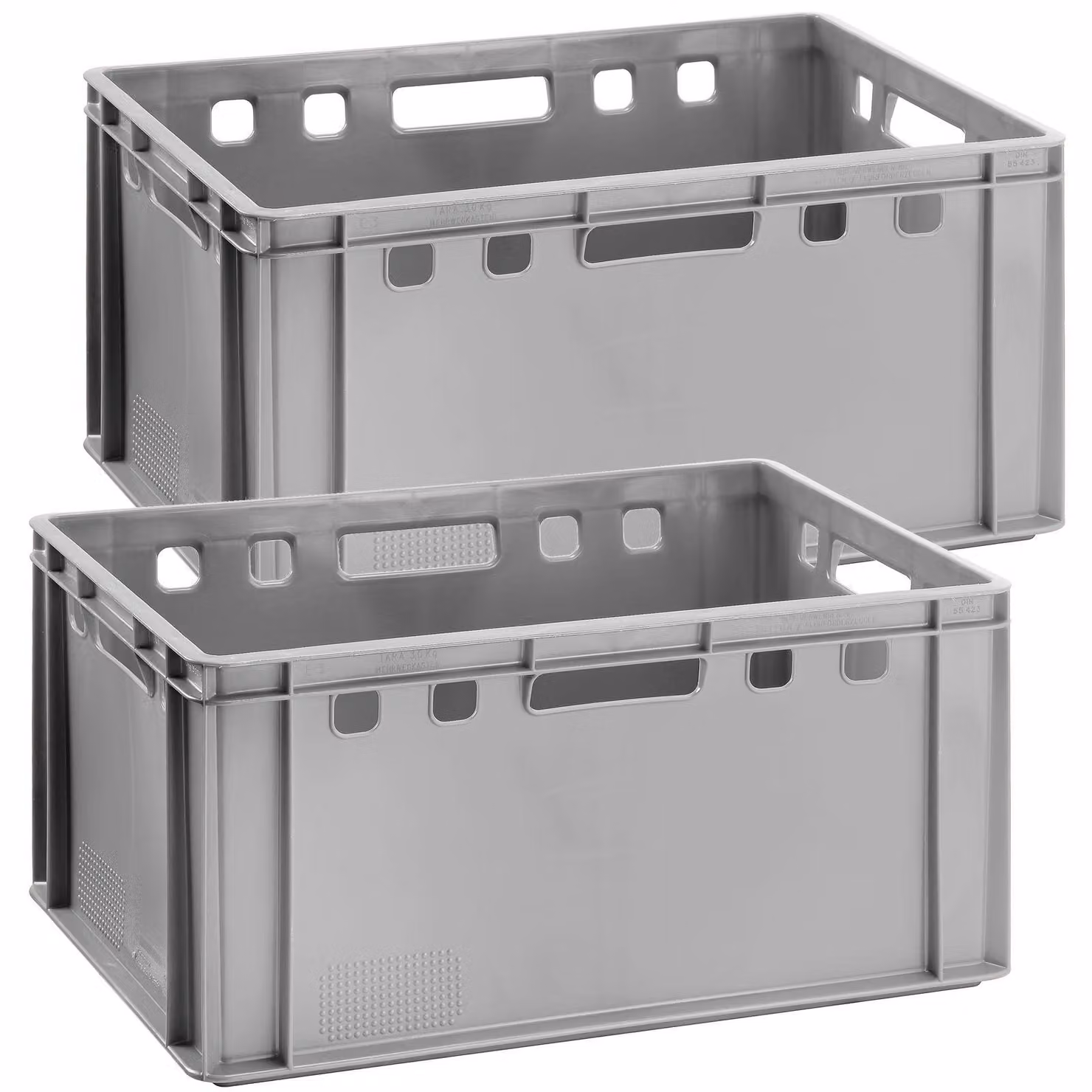 2 contenitori rettangolari grigi per alimenti, modello E3, conformi alle normative europee, ideali per lo stoccaggio e la conservazione. Dimensioni: 60x40x30 cm. Impilabili. Prodotto in Germania