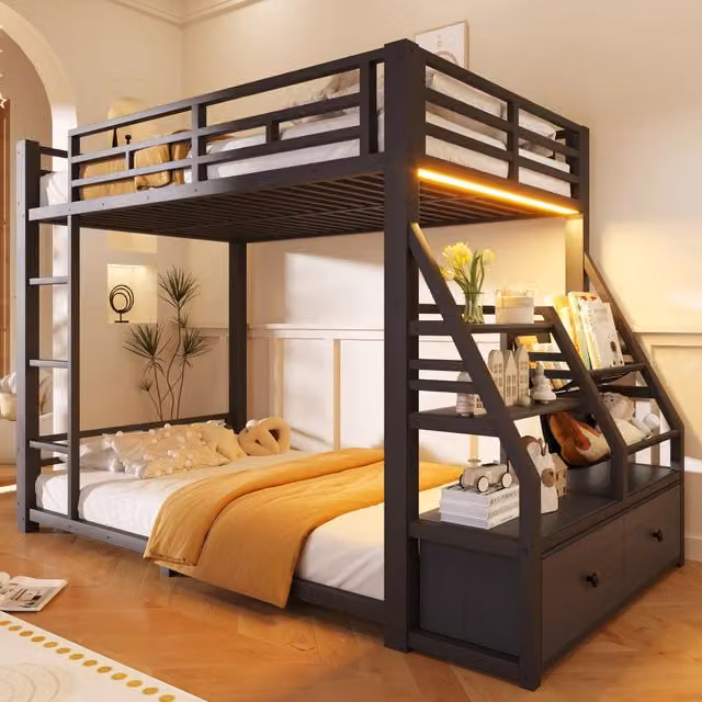 Letto a castello 90x200 cm salvaspazio con illuminazione LED e 2 cassetti in tessuto; metallo nero