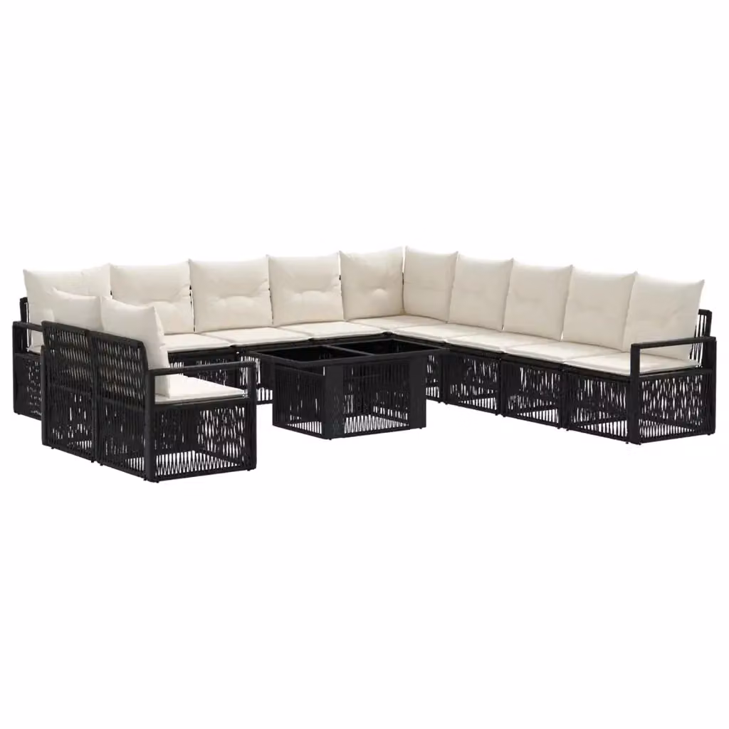 Set Divano da Giardino Moderno vidaXL in Polyrattan con Tavolino in Vetro, 12 Pezzi, Nero e Bianco Crema – 2