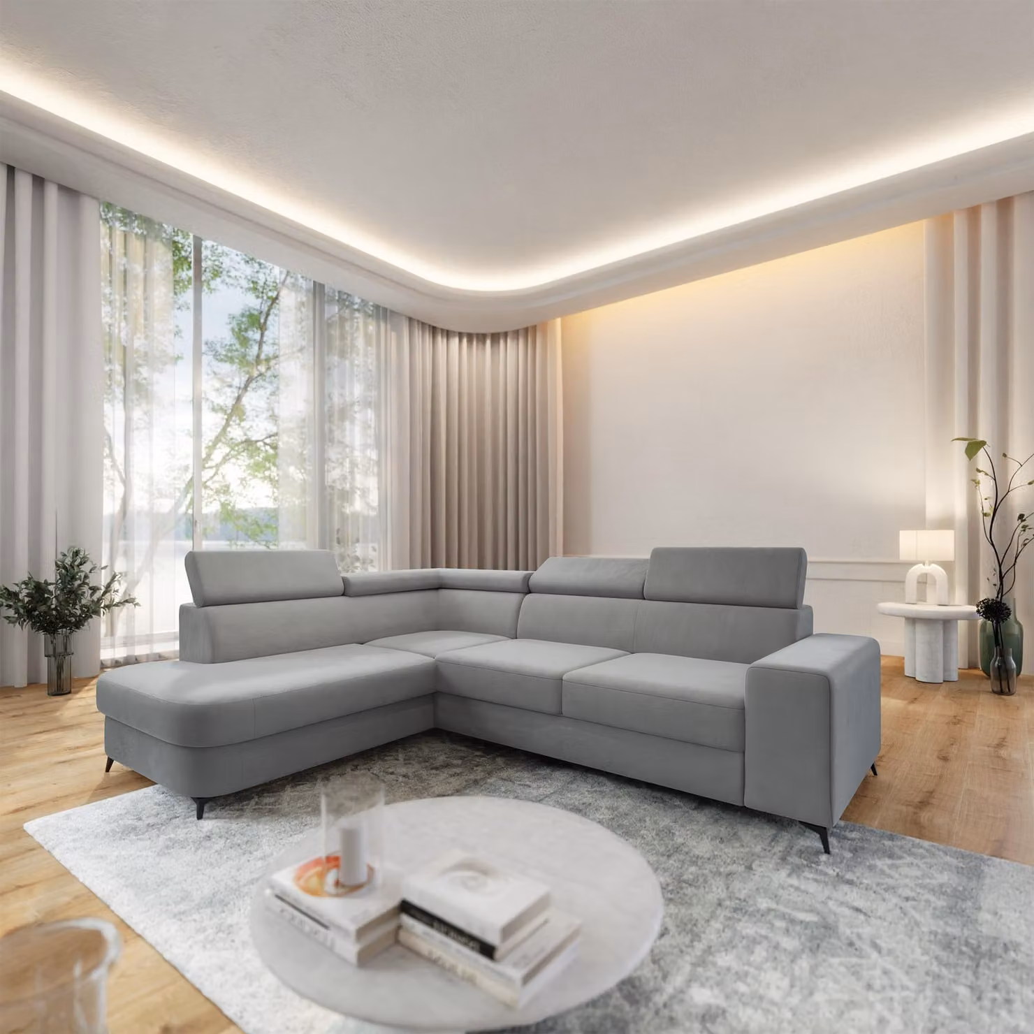 Divano ad angolo Masseno ALVORO L-S con funzione letto a L, divano con contenitore, divano da salotto, divano, divano letto, set divani - Grigio chiaro, MATT VELVET 83