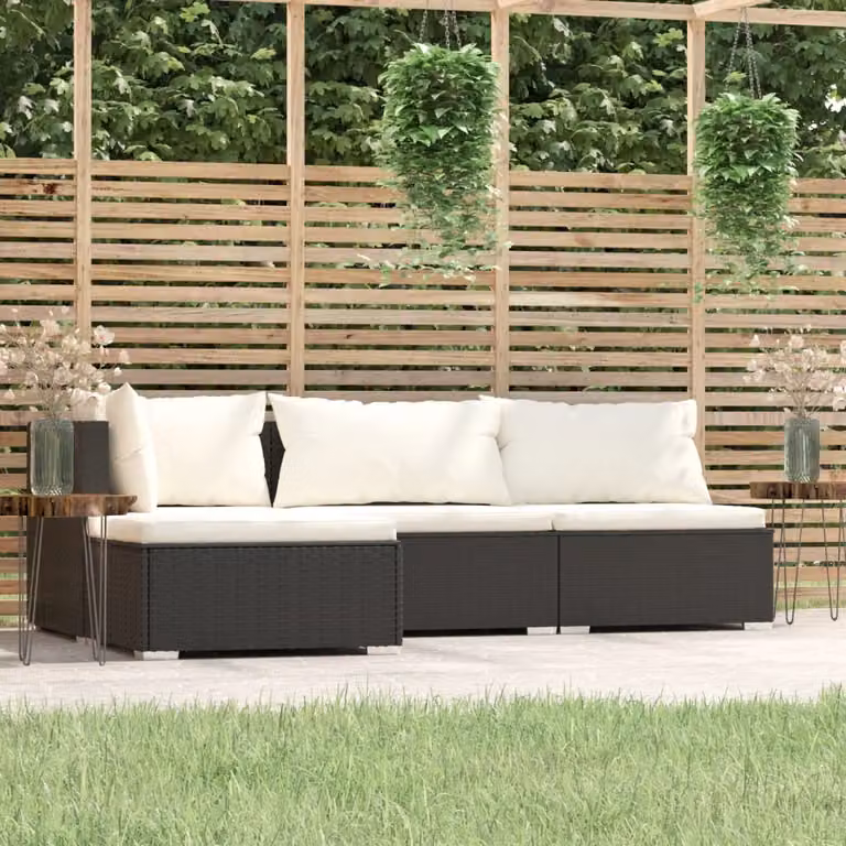 The Living Store Set da giardino 4 pezzi con cuscini in poly rattan nero