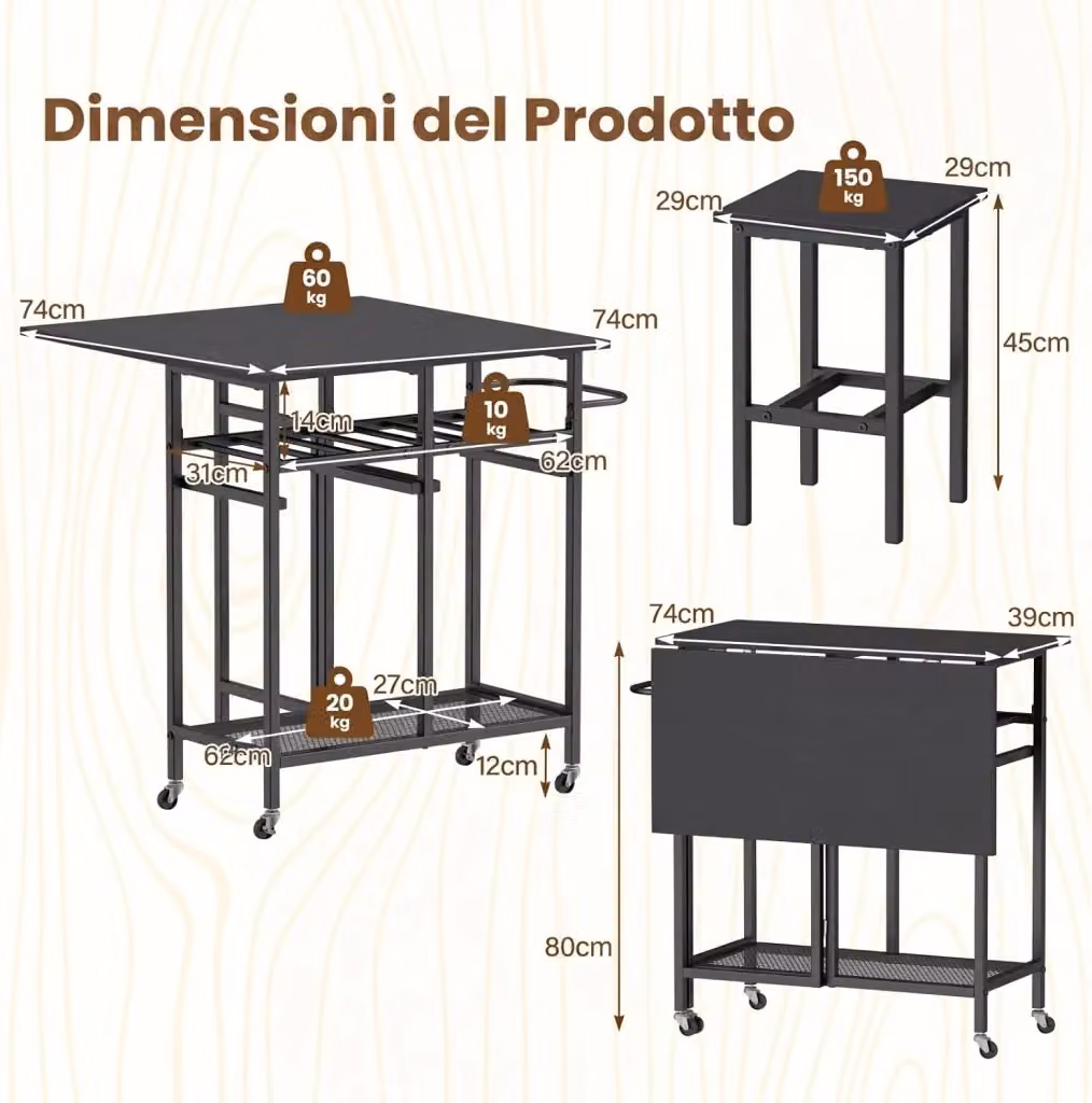 Set Tavolo da Pranzo Salvaspazio Estendibile Costway con 2 Sgabelli con Ruote e Portabottiglie, Nero – 2