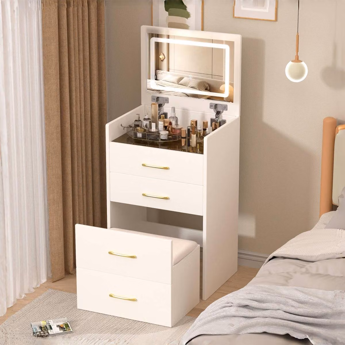 tavolino da toilette 3 in 1 con specchio pieghevole, piano in vetro, 3 cassetti, bianco