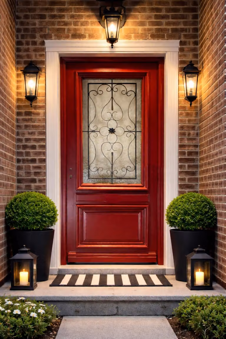 Porta d'ingresso in legno con vetrata Canada Rosso Porpora, H.215xL.90 cm, lato pannello dritto, maniglia, cilindro, pulsante, GD MENUISERIES