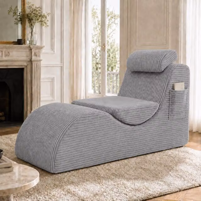 Poltrona Relax Ergonomica in Velluto a Coste; Poltrona Singola Grigio Chiaro; 160 x 66 x 90 cm